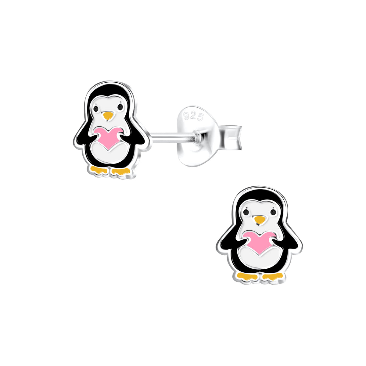zilveren oorknopjes pinguin roze hartje