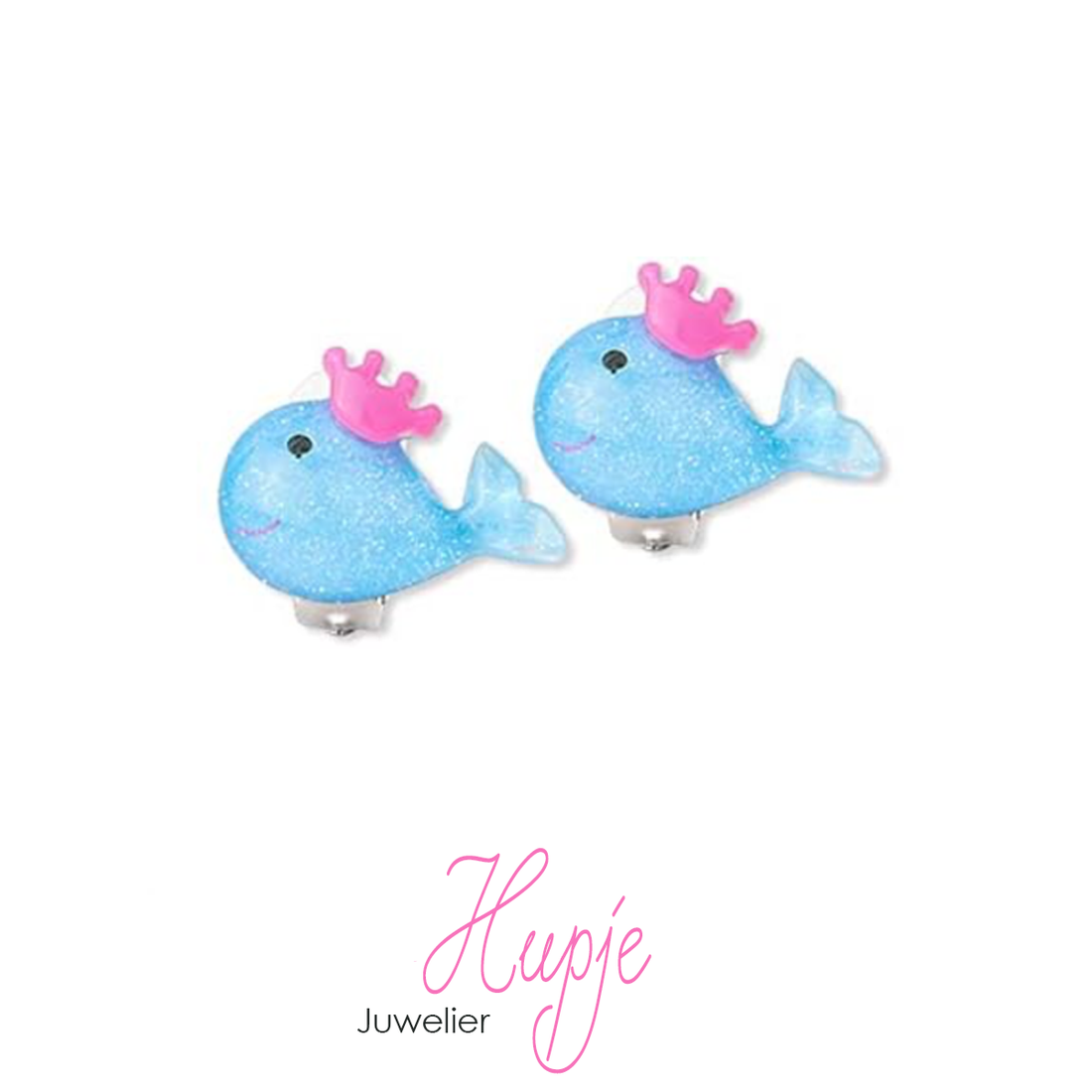 clipoorbellen walvis glitter met kroontje