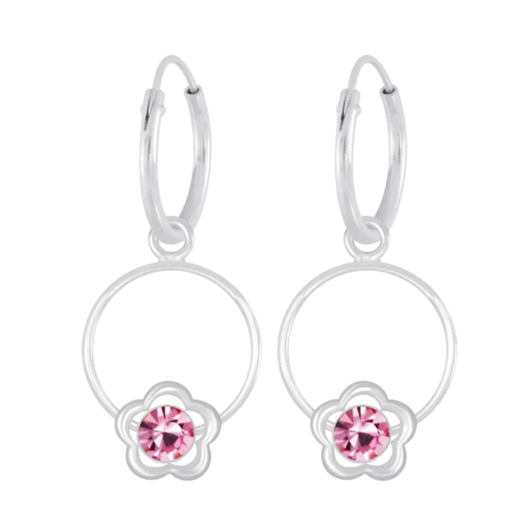 zilveren oorbellen bloem roze kristallen