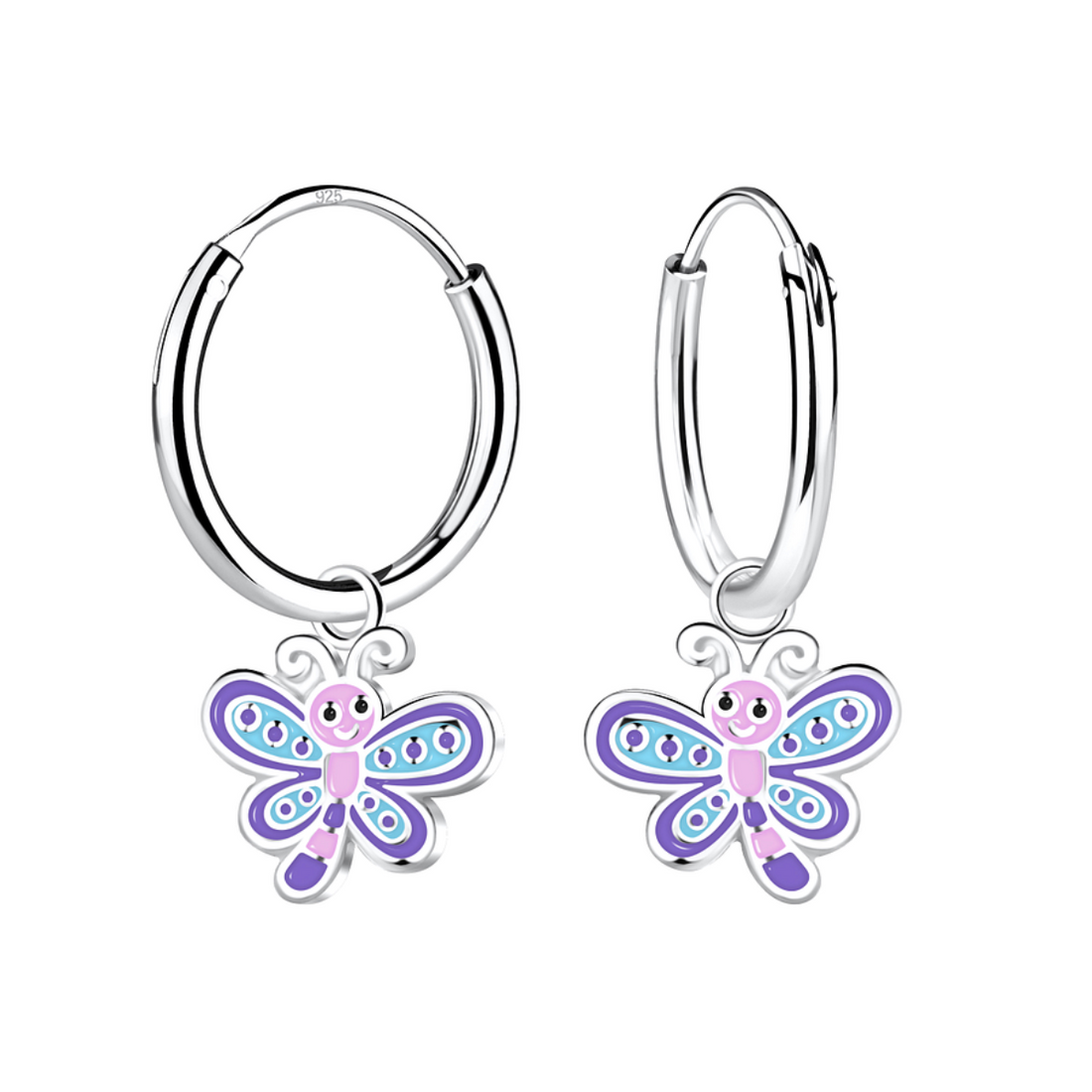 zilveren kinderoorbellen vlinder blauw roze paars