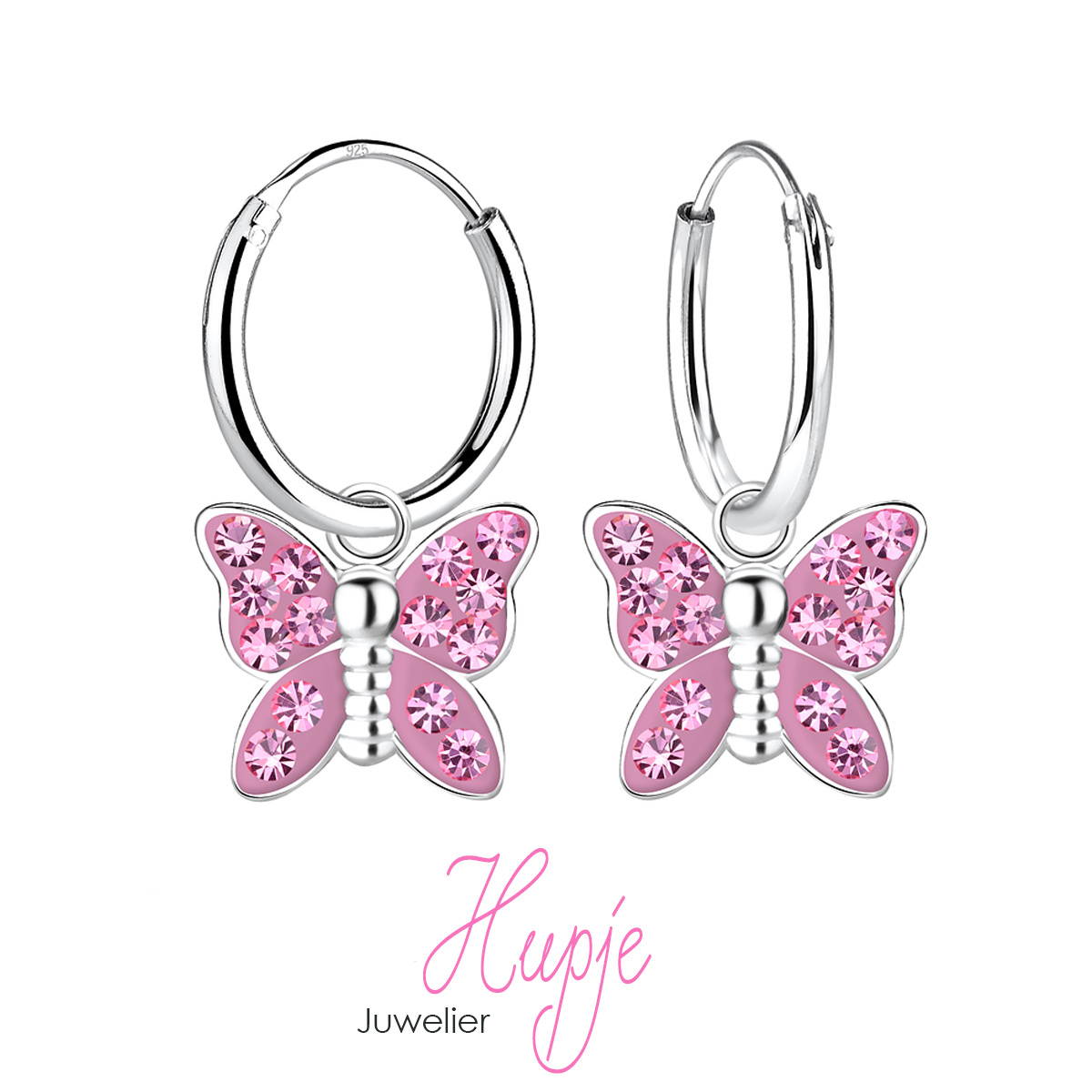 zilveren creolen vlinder magic crystals roze