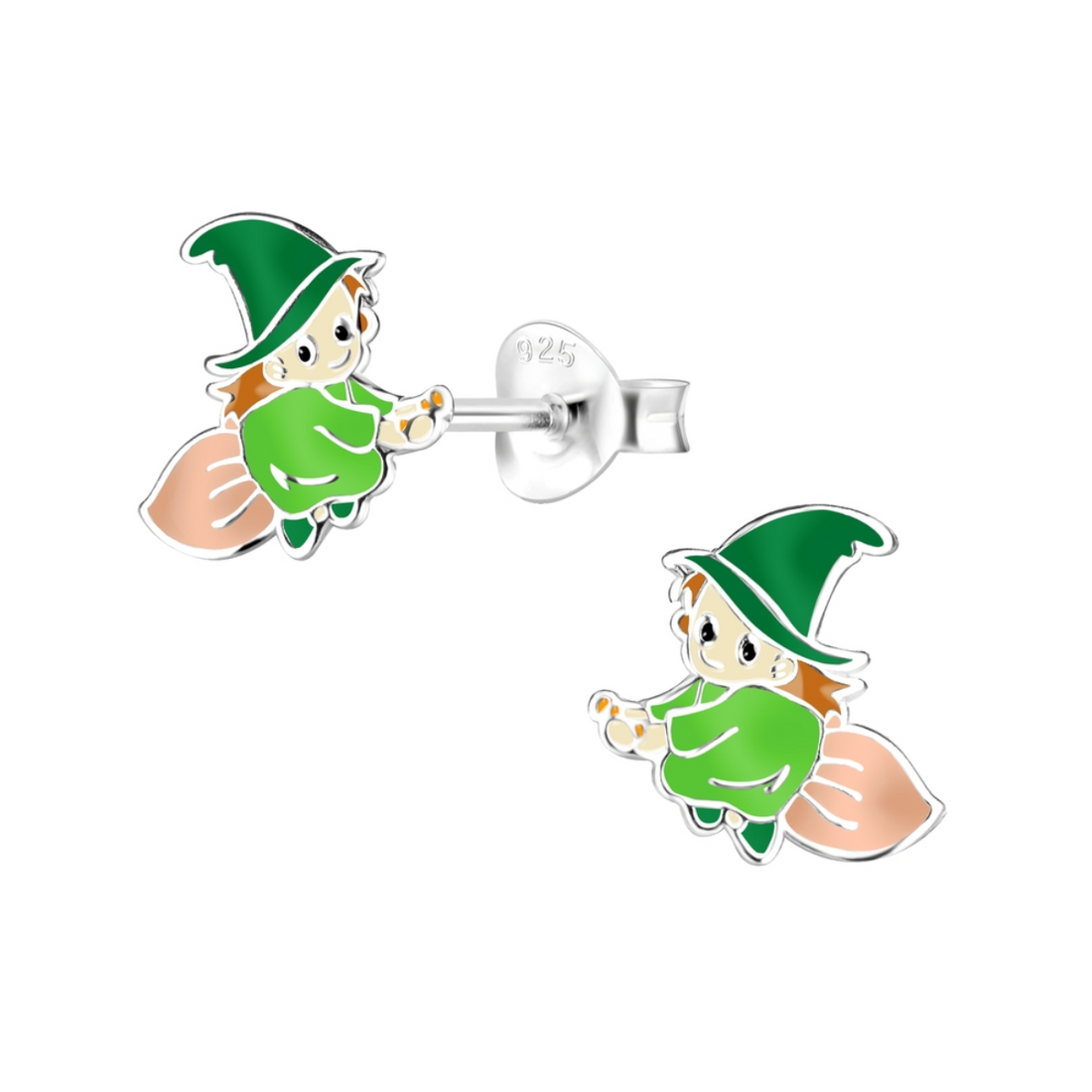 zilveren oorknopjes heks op bezem