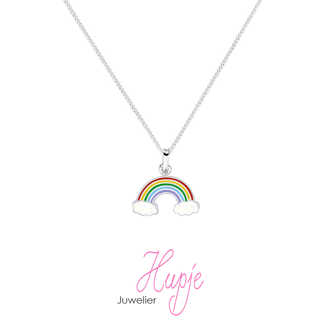 zilveren kinderketting regenboog met glitterwolkjes