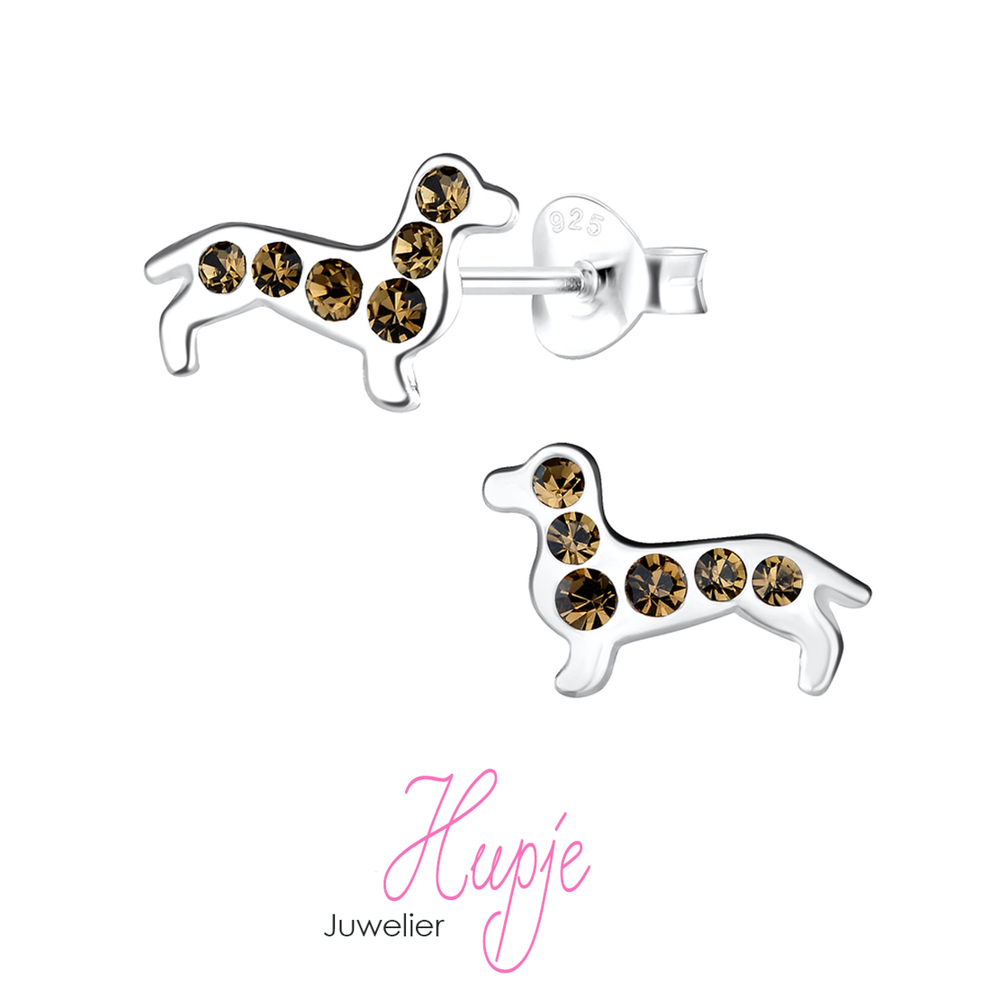 zilveren oorbellen teckel kristallen