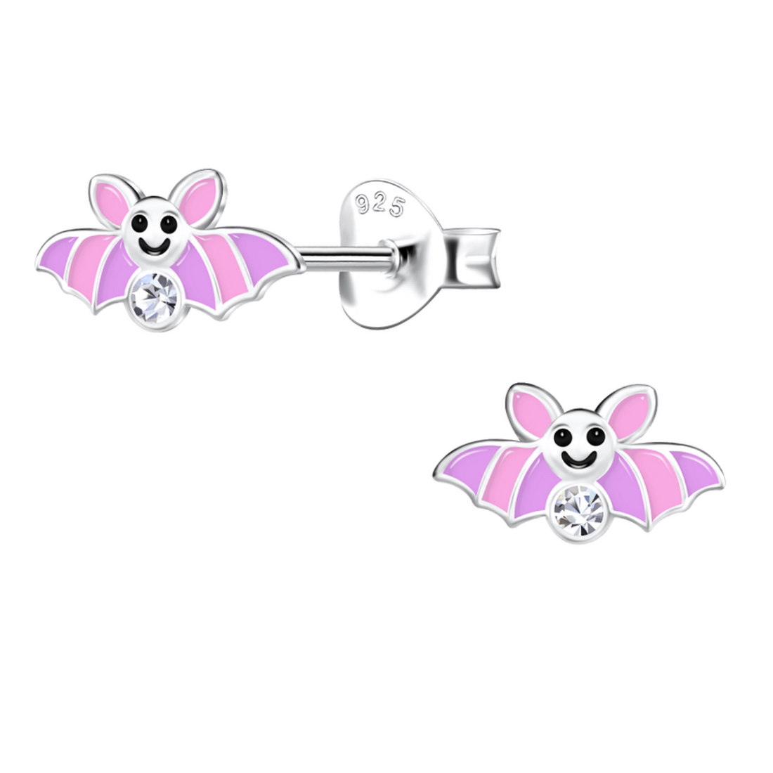 zilveren oorknopjes vleermuis roze kristal