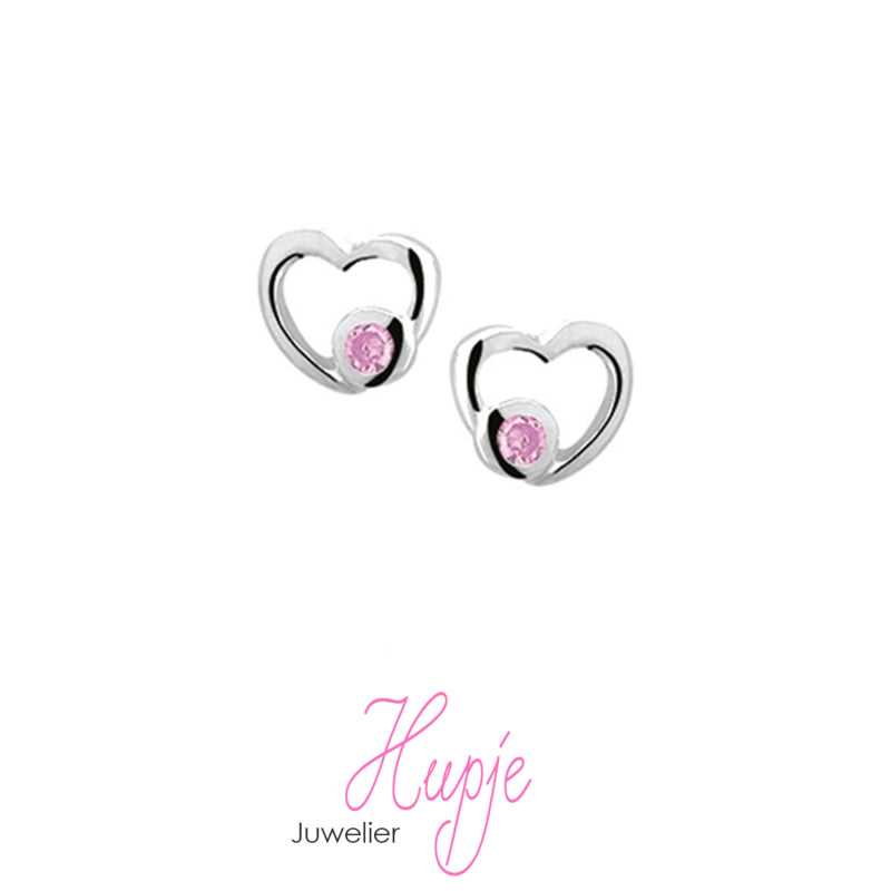 zilveren kinderoorbellen open hartje met roze Zirkonia