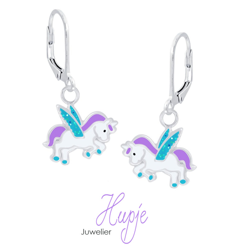zilveren kinderoorbellen eenhoorn paars blauwe glitter vleugels brisure (premium)