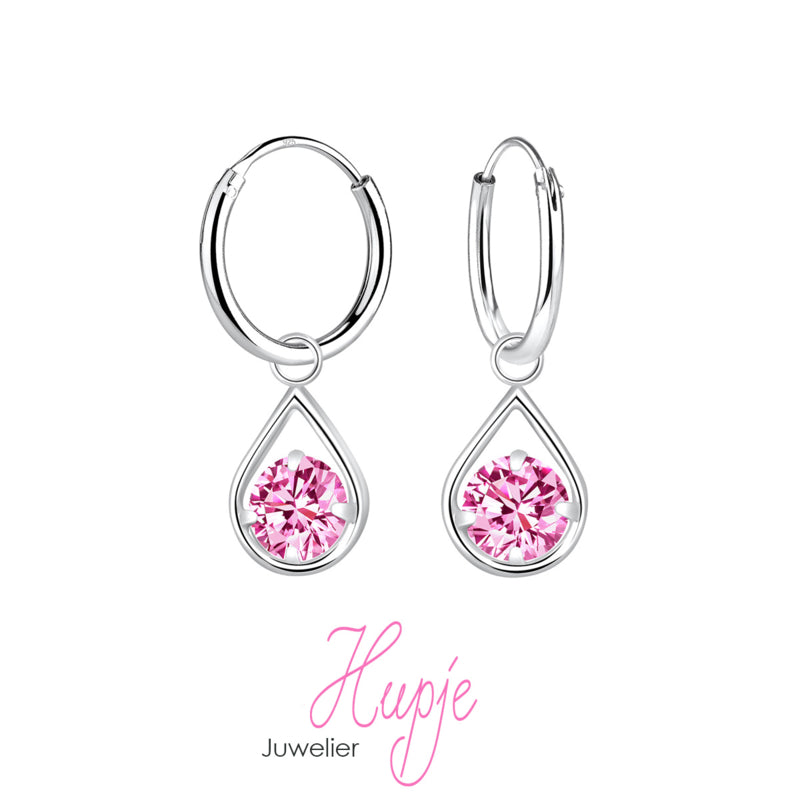 zilveren fantasie oorhangers roze kristallen