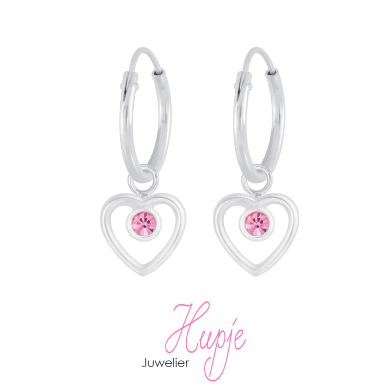 zilveren creolen hartje met roze kristallen