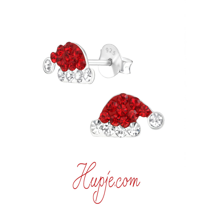 zilveren oorbellen kerstmuts kristallen