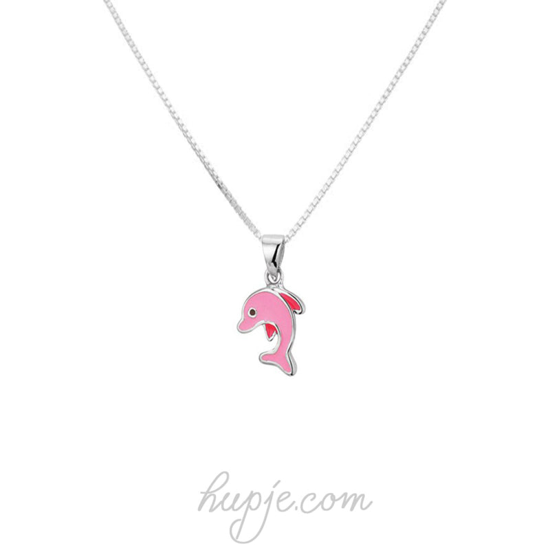 zilveren kinderketting roze dolfijn