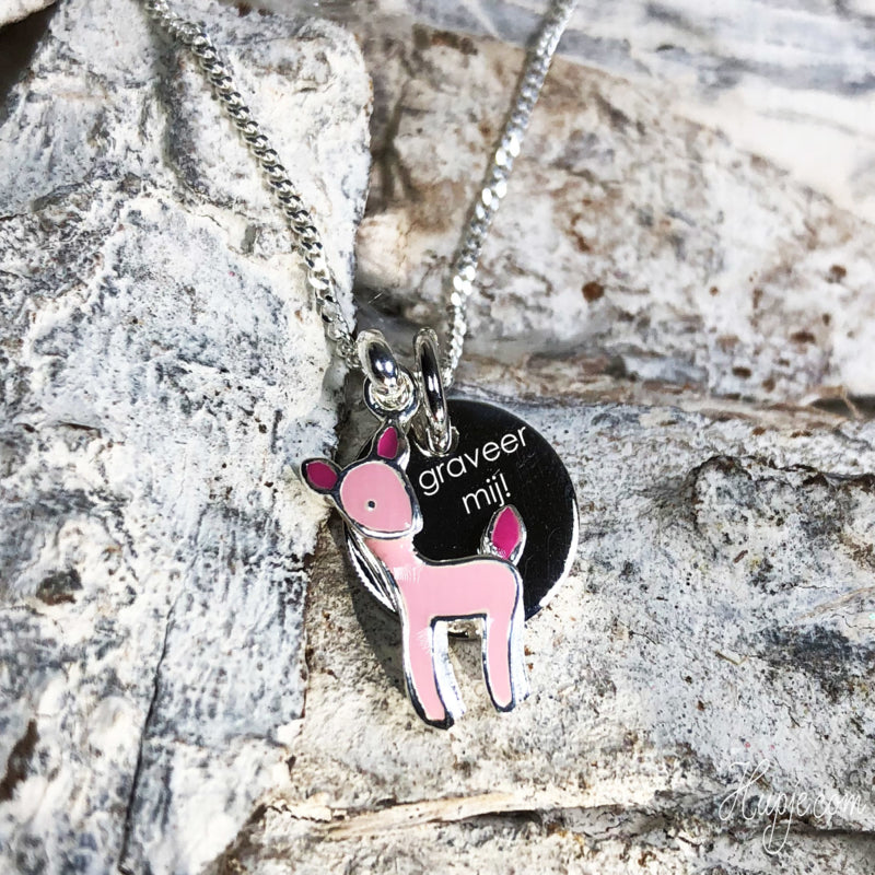 zilveren kinderketting hert roze + graveerhanger