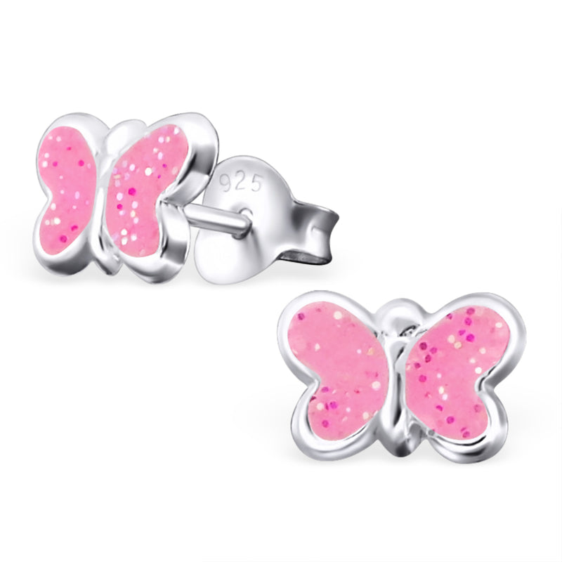 zilveren kinderoorbellen vlinder roze glitter (preorder)
