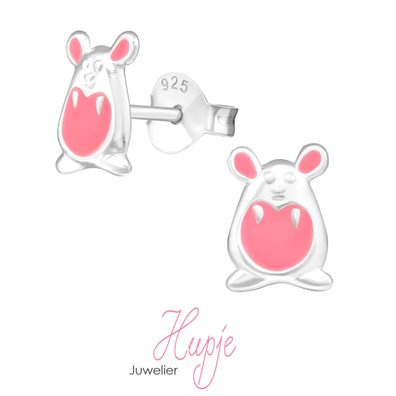 zilveren kinderoorbellen roze hamster