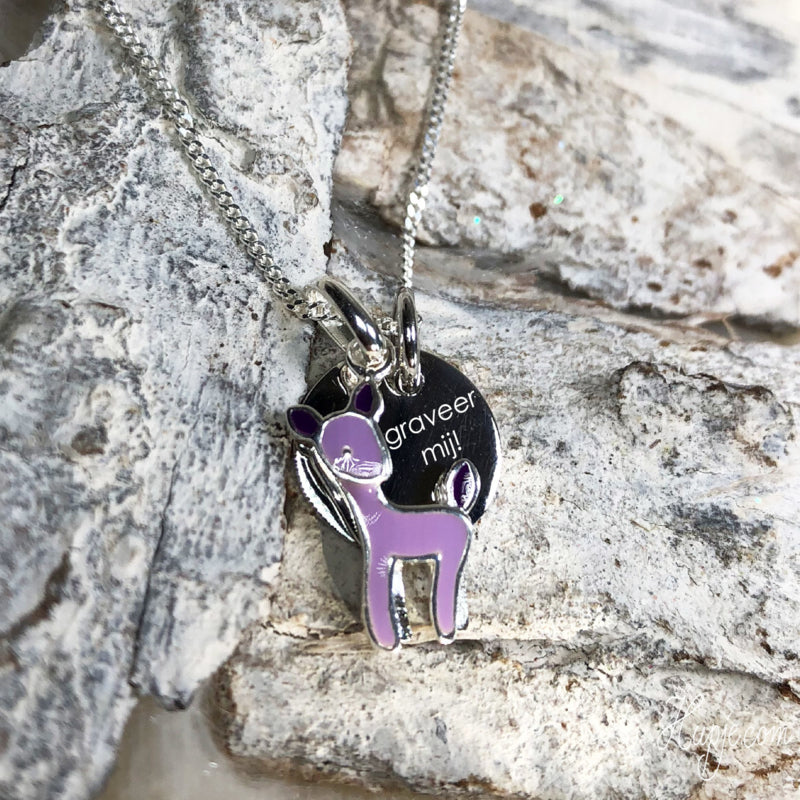 zilveren kinderketting hert lila + graveerhanger