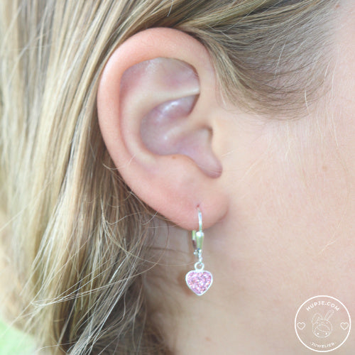 zilveren kinderoorbellen hartjes roze kristallen Premium