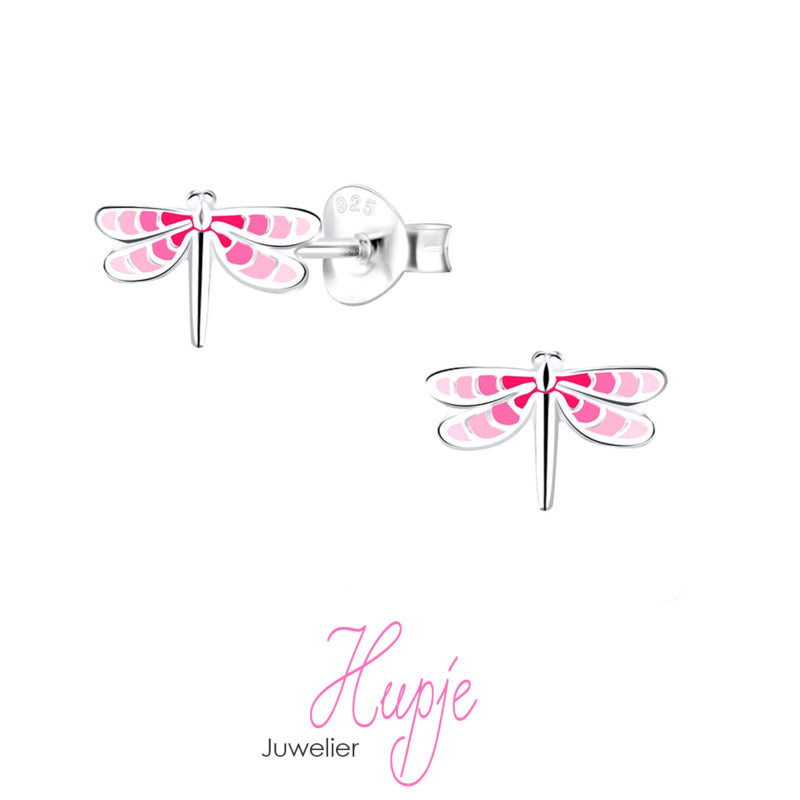 zilveren oorknopjes libelle roze