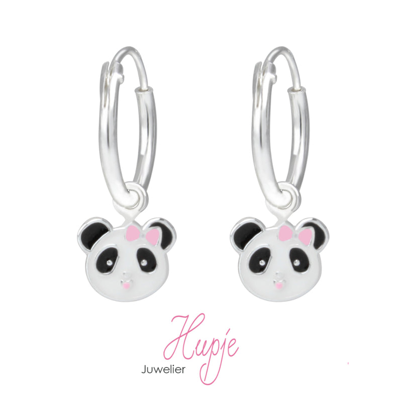 zilveren kinderoorbellen creolen panda roze strikje Premium