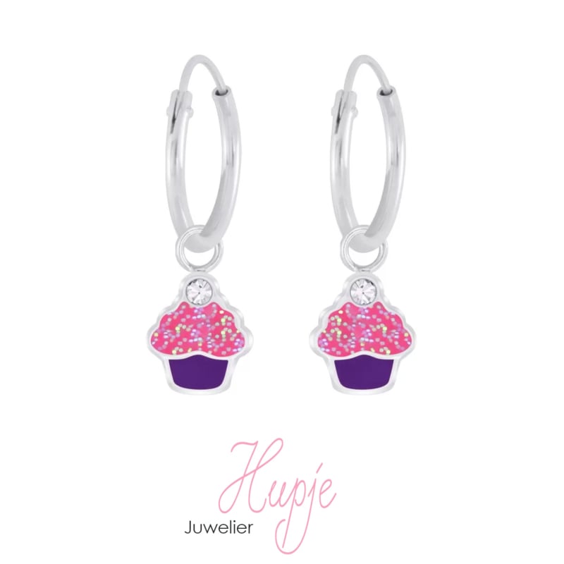 zilveren kinderoorbellen creolen cupcake roze glitter