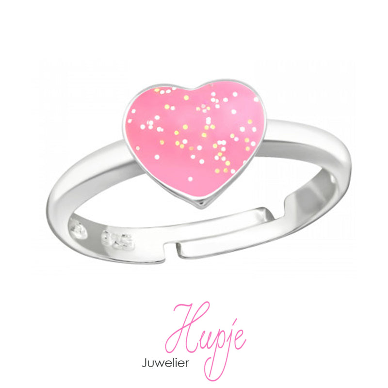 zilveren kinderring hartje roze glitter