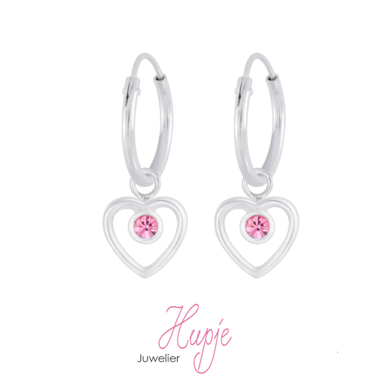 zilveren oorbellen hartje open roze kristal