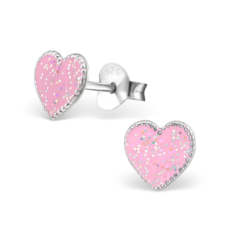 zilveren kinderoorbellen hartje roze glitter