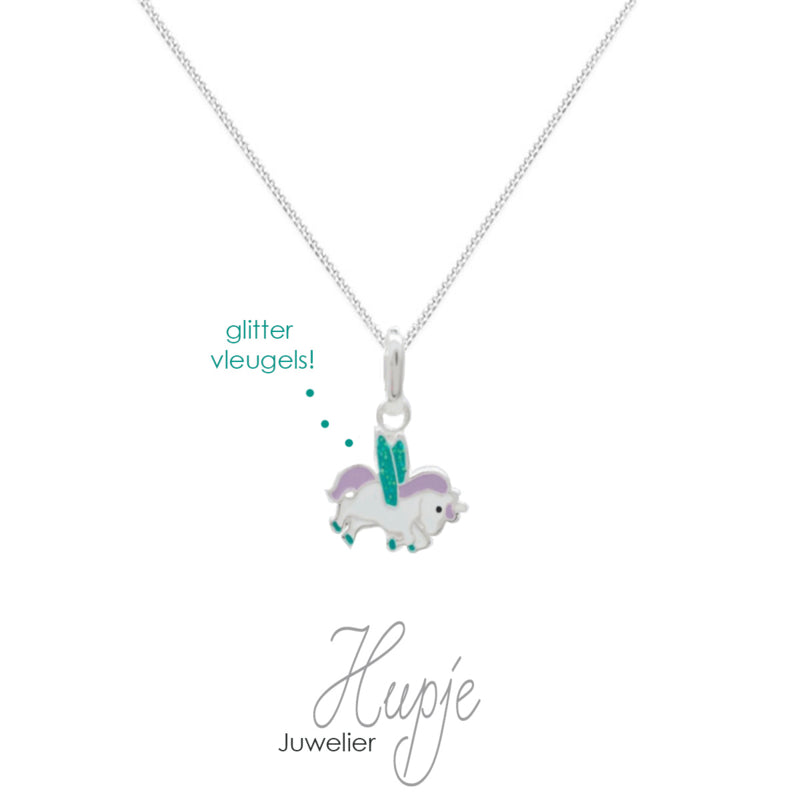 zilveren kinderketting eenhoorn paars blauwe glitter vleugels (premium)