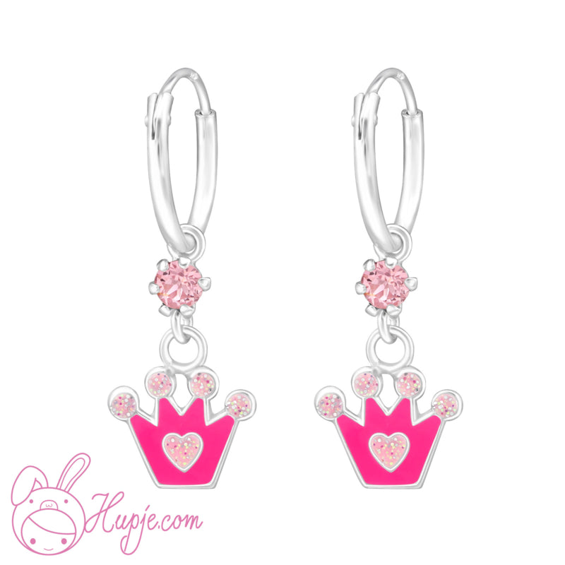 zilveren kinderoorbellen roze kroontjes + Swarovski® kristallen