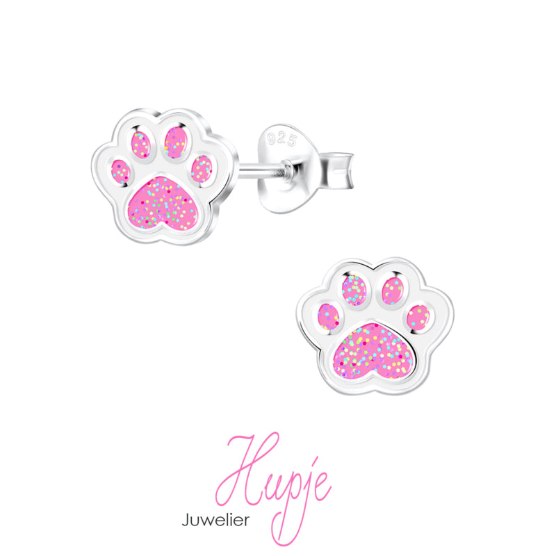 zilveren oorknopjes kleine hondenpootjes roze glitter
