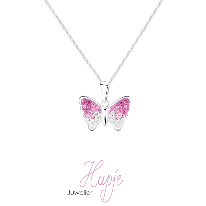zilveren kinderketting vlinder Magic Pink Crystals