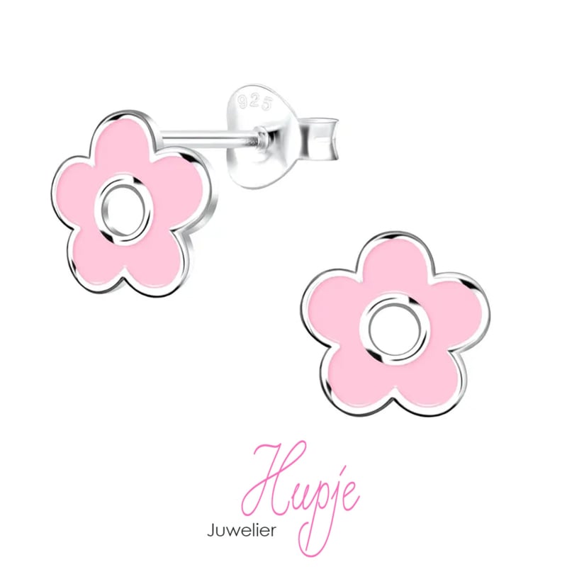 zilveren kinderoorbellen bloem roze zilver