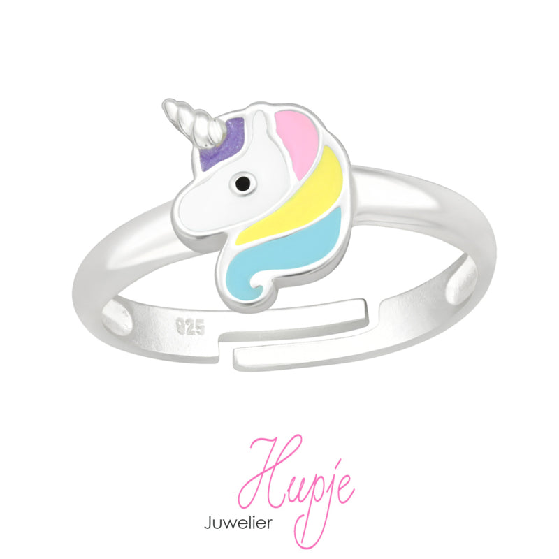 zilveren kinderring eenhoorn blauw geel roze