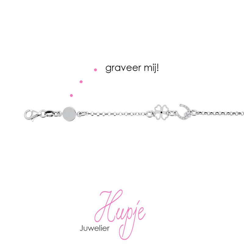 zilveren kinderarmband klavertje 4 en hoefijzer (ter personaliseren met voorletter)