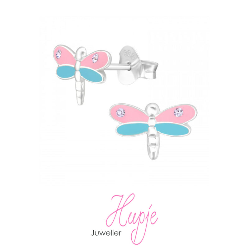 zilveren kinderoorbellen libelle roze en blauw met kristallen