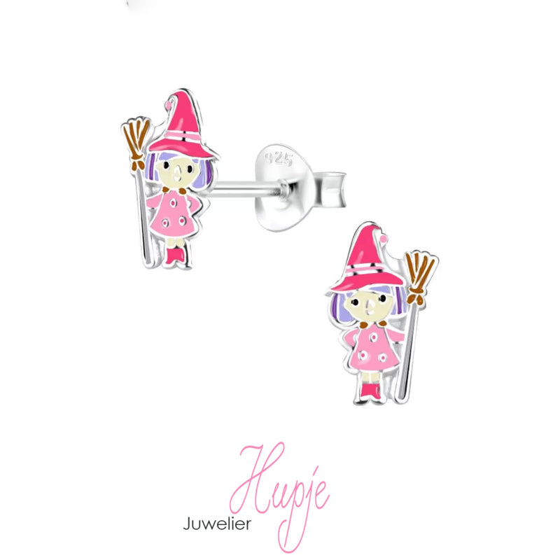 zilveren kinderoorbellen heksje roze