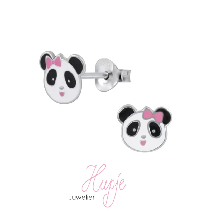 zilveren kinderoorbellen panda roze strikje