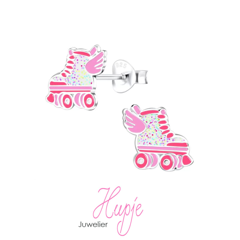 zilveren kinderoorbellen rollerskate Wings roze glitter