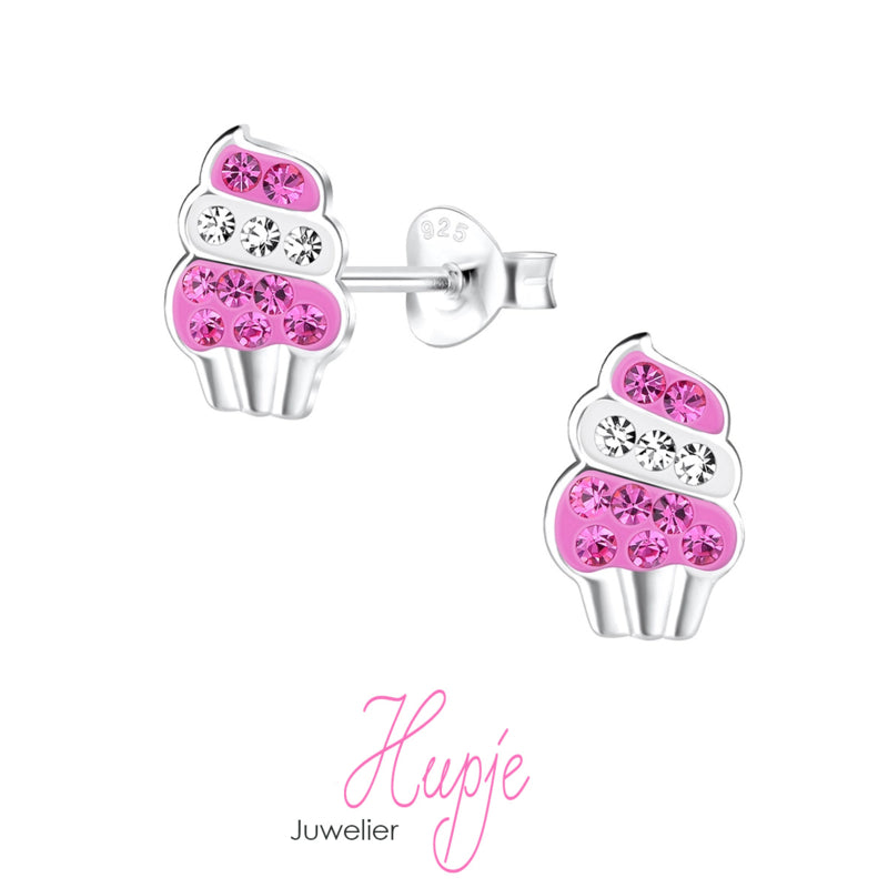 zilveren kinderoorbellen cupcake roze kristallen