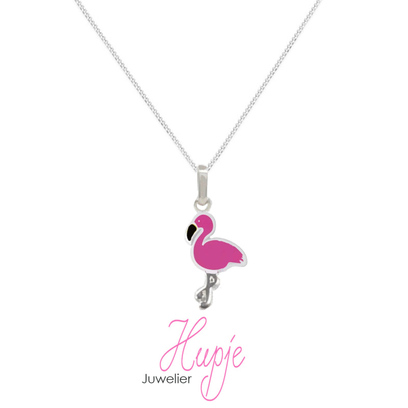 zilveren kinderketting roze flamingo (premium)