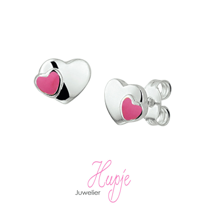 zilveren oorknoppen hartje roze Premium