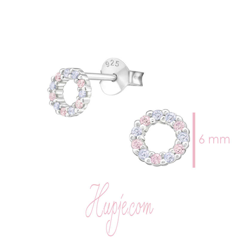 zilveren knopjes rondje roze en blauwe kristallen