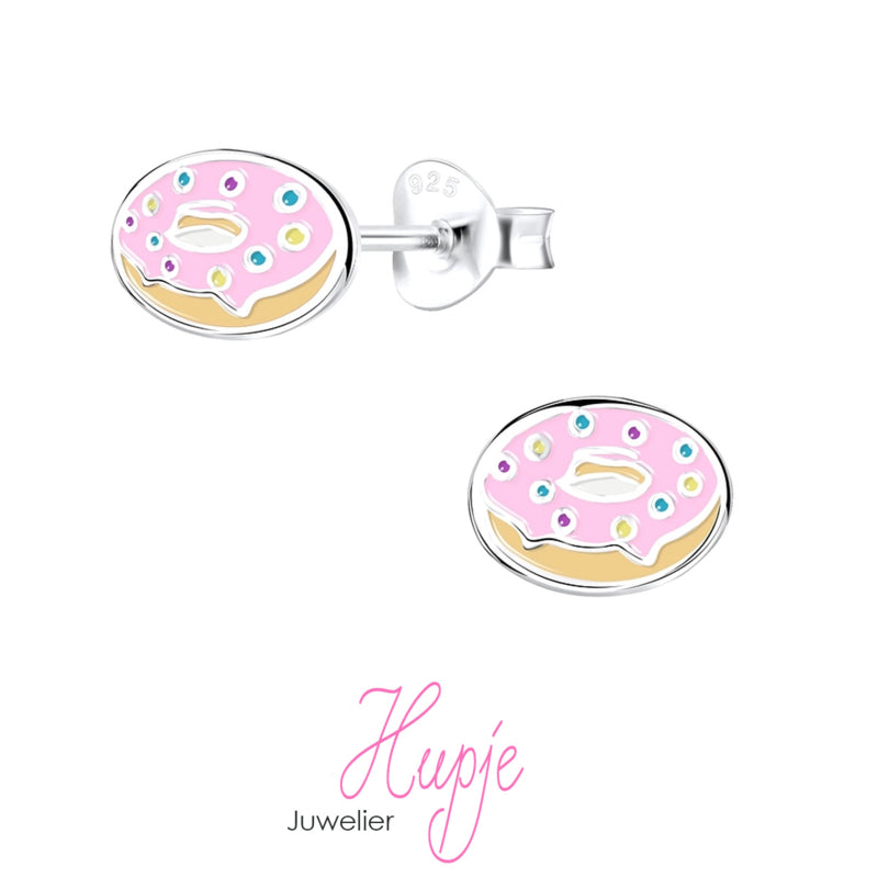 zilveren kinderoorbellen roze donut