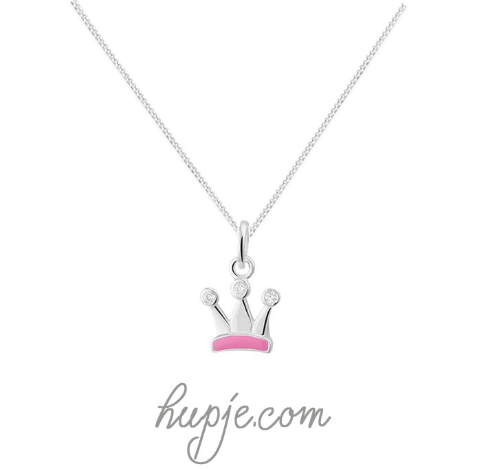 zilveren kinderketting roze kroontje + Zirkonia steentjes