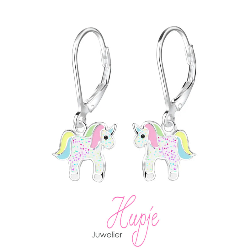 zilveren kinderoorbellen Magic Unicorn hanger brisure sluiting