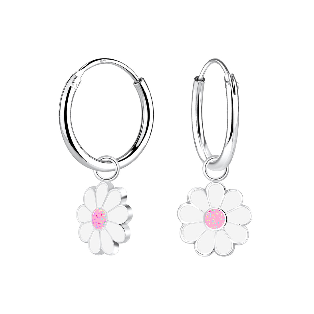 zilveren oorbellen bloem wit en roze glitter