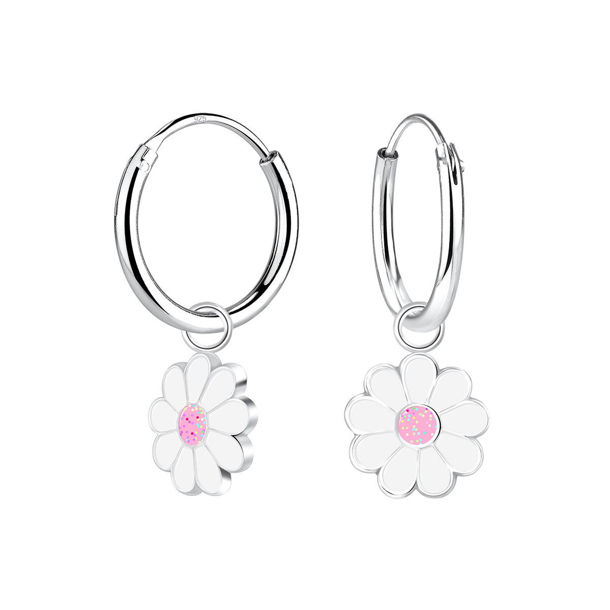zilveren oorbellen bloem wit en roze glitter