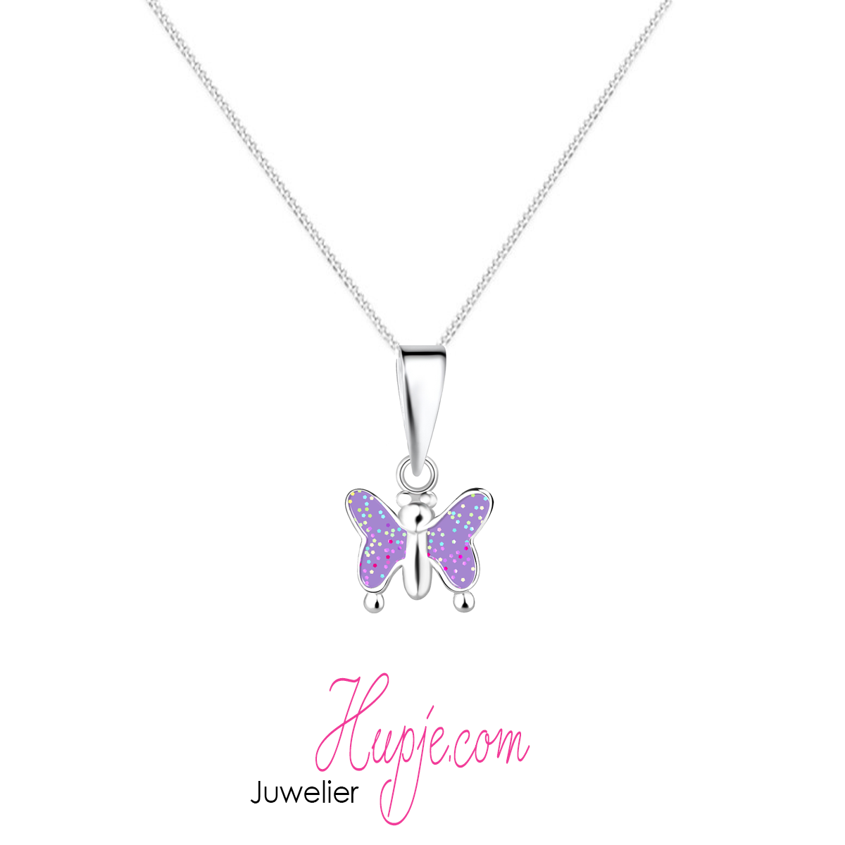 zilveren kinderketting vlinder lila glitter