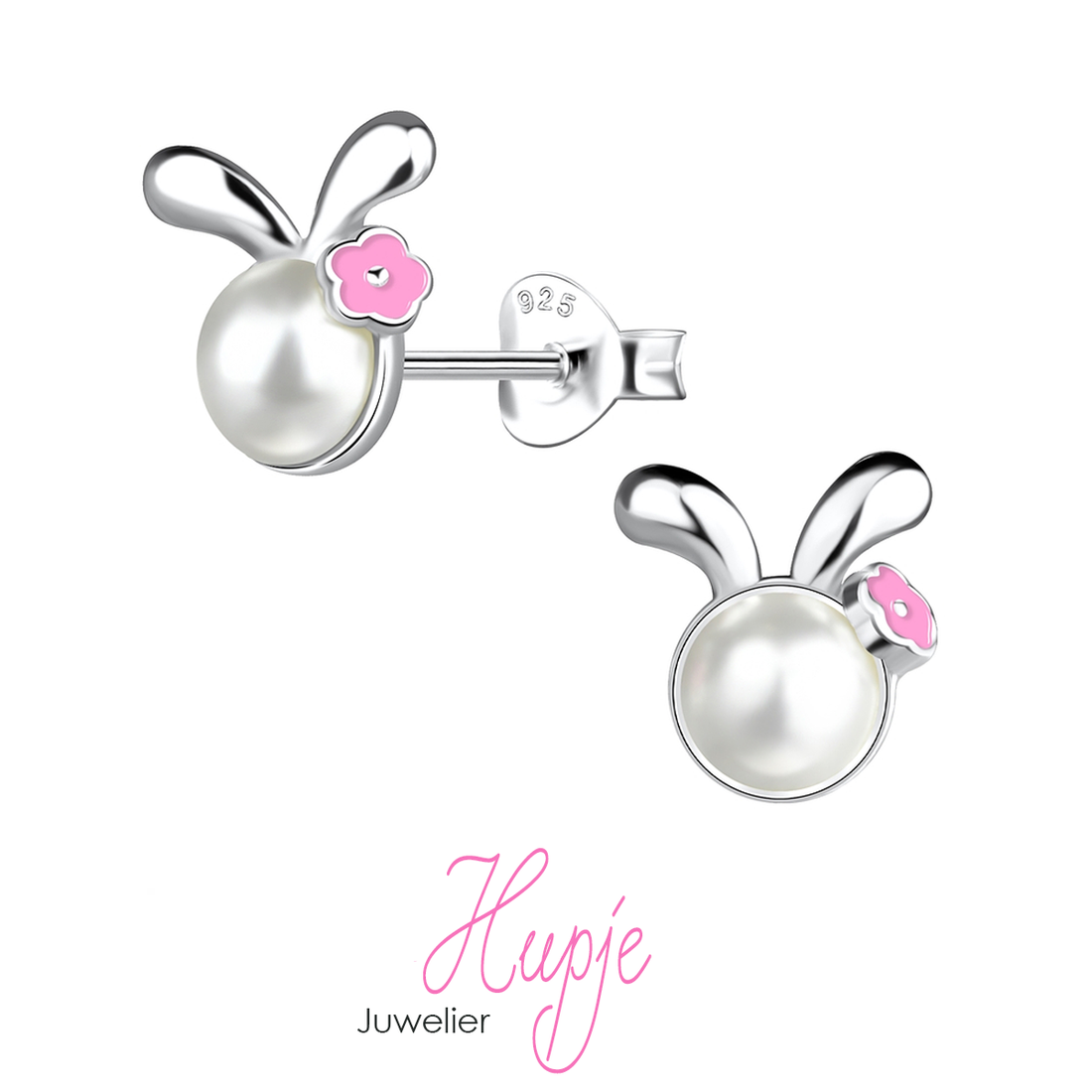 zilveren oorknopjes konijn met parel