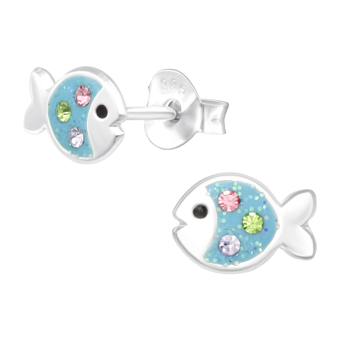 silver stud earrings veil fish blue with crystals