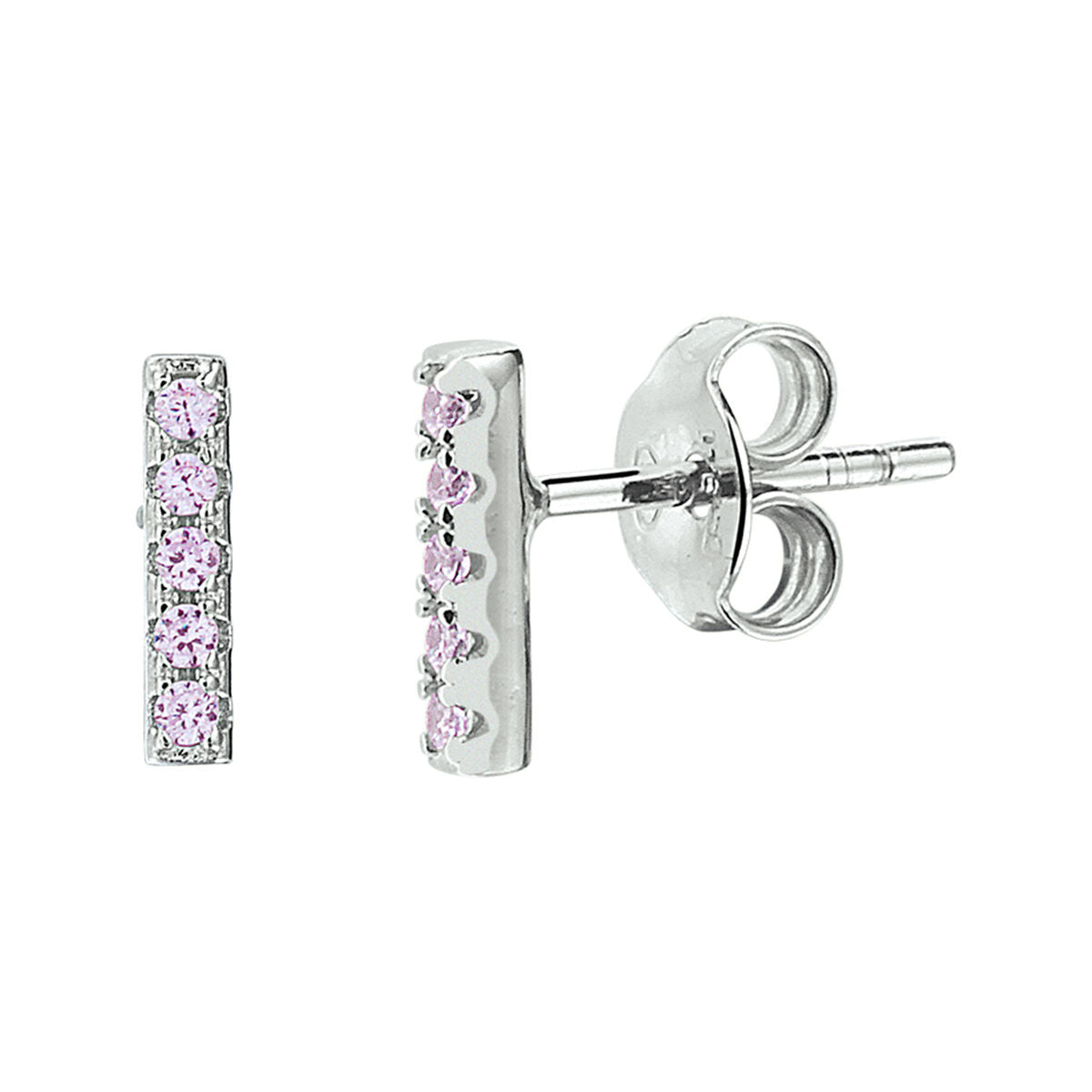 zilveren oorknopjes staafje roze Zirkonia